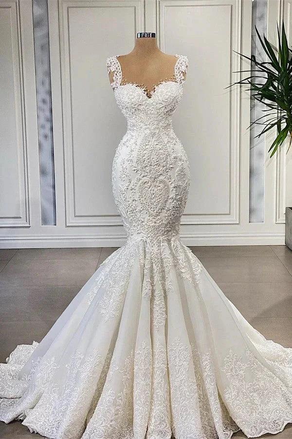 Elegant Ivory Long Mermaid Sweetheart Ruffles Lace Wedding Dresses (ZD16706) - VelvetHem