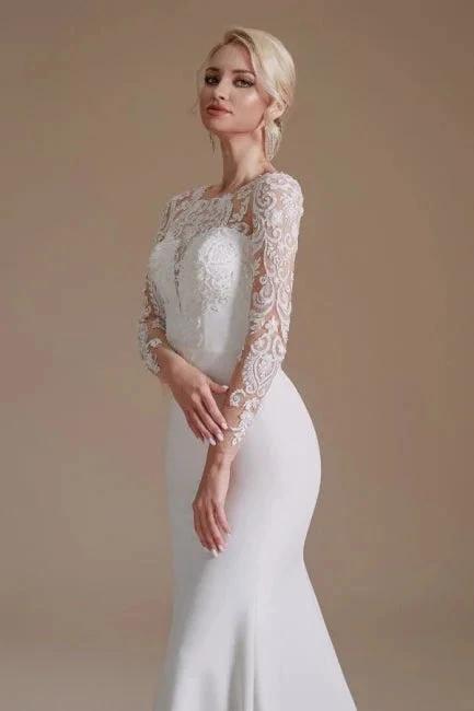 Elegant Jewel Long-Sleeve Mermaid Floor-Length Satin Wedding Dresses with Pattern (ZD16561)
