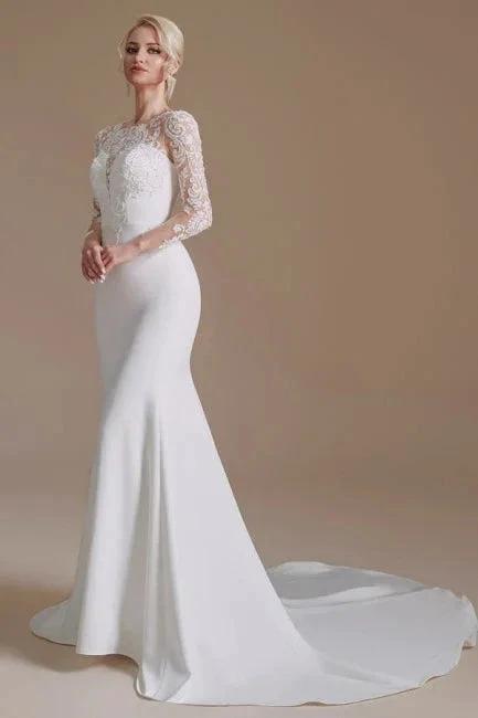 Elegant Jewel Long-Sleeve Mermaid Floor-Length Satin Wedding Dresses with Pattern (ZD16561)