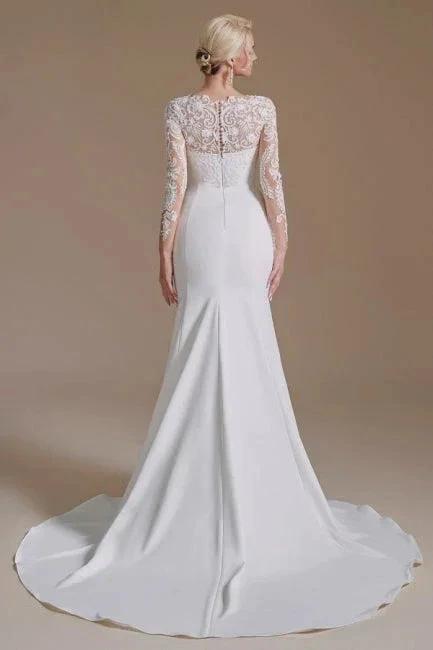 Elegant Jewel Long-Sleeve Mermaid Floor-Length Satin Wedding Dresses with Pattern (ZD16561)