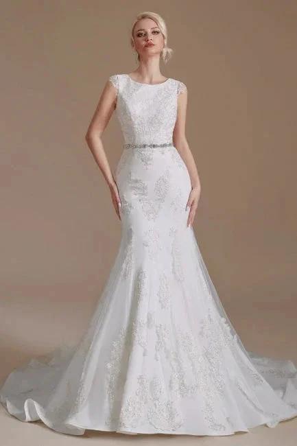 Elegant Jewel Sleeveless Mermaid Floor-Length Satin Wedding Dresses with Lace (ZD14659)