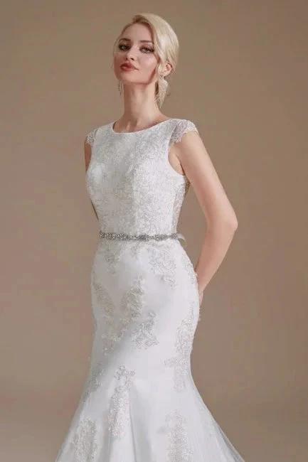 Elegant Jewel Sleeveless Mermaid Floor-Length Satin Wedding Dresses with Lace (ZD14659)