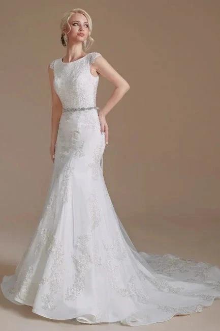 Elegant Jewel Sleeveless Mermaid Floor-Length Satin Wedding Dresses with Lace (ZD14659)