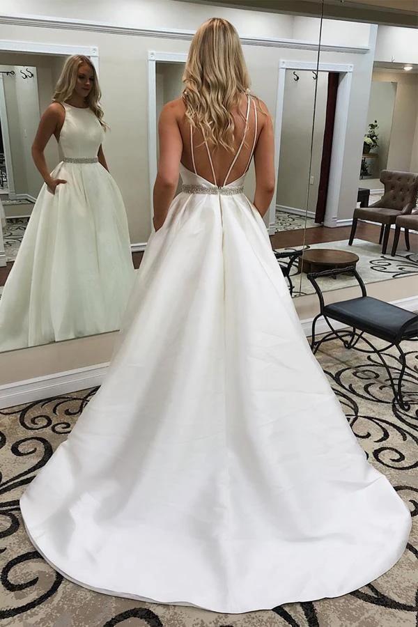 Elegant Jewel Sleeveless Sweep Train Wedding Dress with Pockets (ZD15284) - VelvetHem