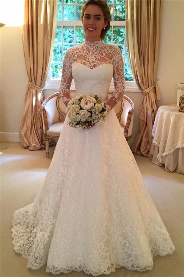 Elegant Lace A-line Long Sleeve High Neck Wedding Dresses (ZD16380) - VelvetHem