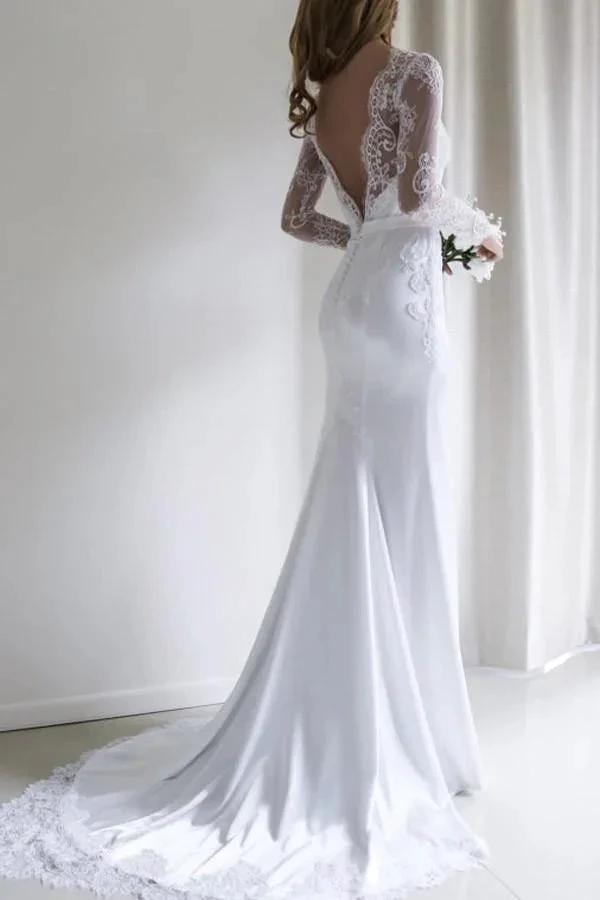 Elegant Lace Long Sleeves Mermaid White Long Wedding Dress with Train (ZD16300) - VelvetHem