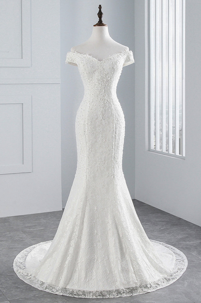 Elegant Lace Off-the-Shoulder White Mermaid Wedding Dresses Affordable (ZD17419) - VelvetHem