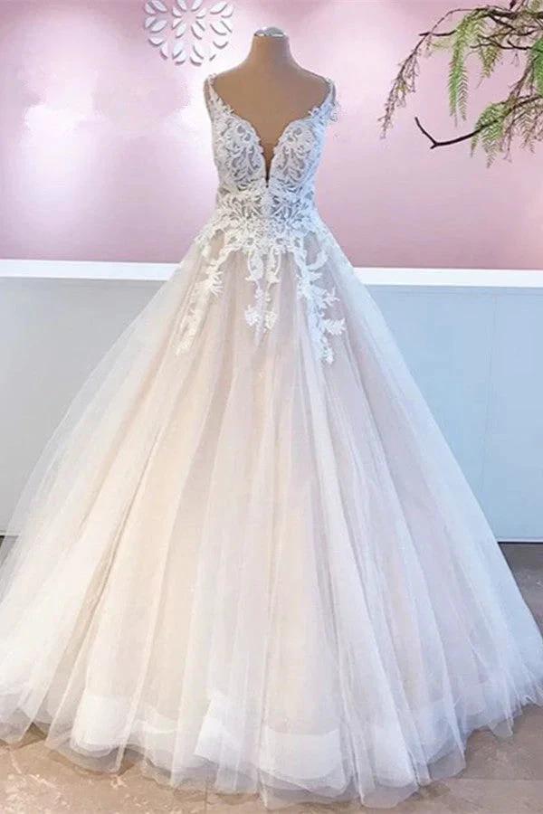 Elegant Long A-Line Appliques Lace Tulle Sweetheart Backless Wedding Dress (ZD15239) - VelvetHem
