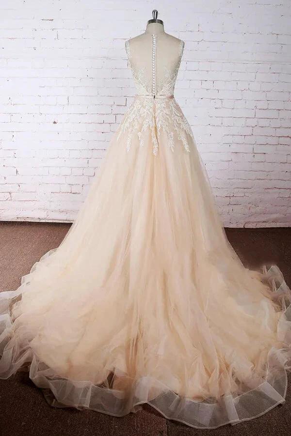 Elegant Long A-line Appliques Lace Tulle Wedding Dress (ZD14438)