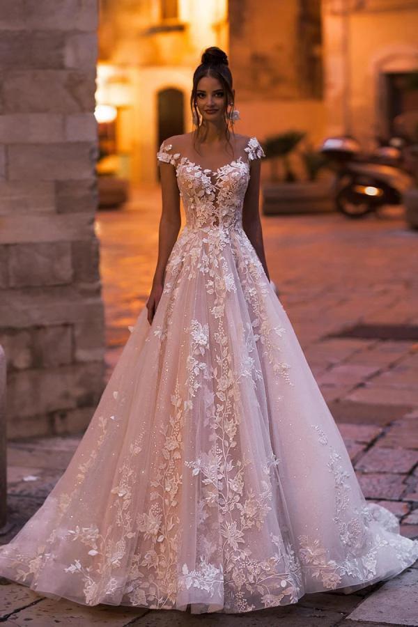Elegant Long A-Line Bateau Appliques Lace Backless Sequins Wedding Dress (ZD15178) - VelvetHem