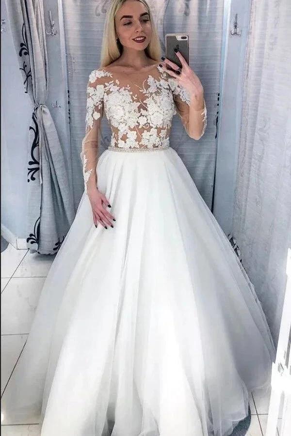 Elegant Long A-Line Bateau Appliques Lace Tulle Wedding Dress with Sleeves (ZD15108) - VelvetHem