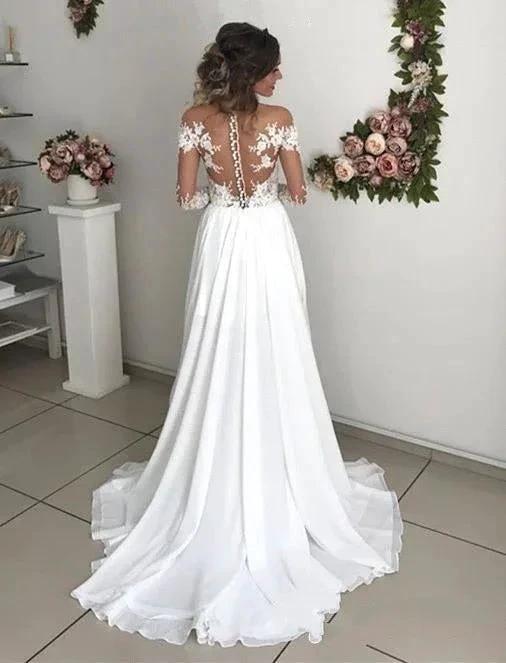 Elegant Long A-line Chiffon Lace Long Sleeves Wedding Dress with Slit (ZD14459)