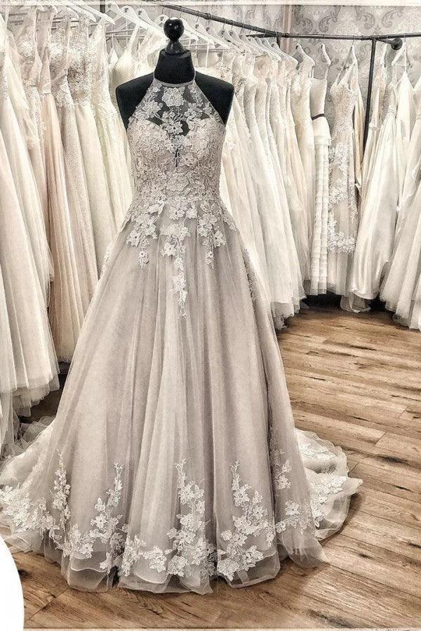 Elegant Long A-line Halter Backless Appliques Lace Tulle Ruffles Train Wedding Dress (ZD15097) - VelvetHem