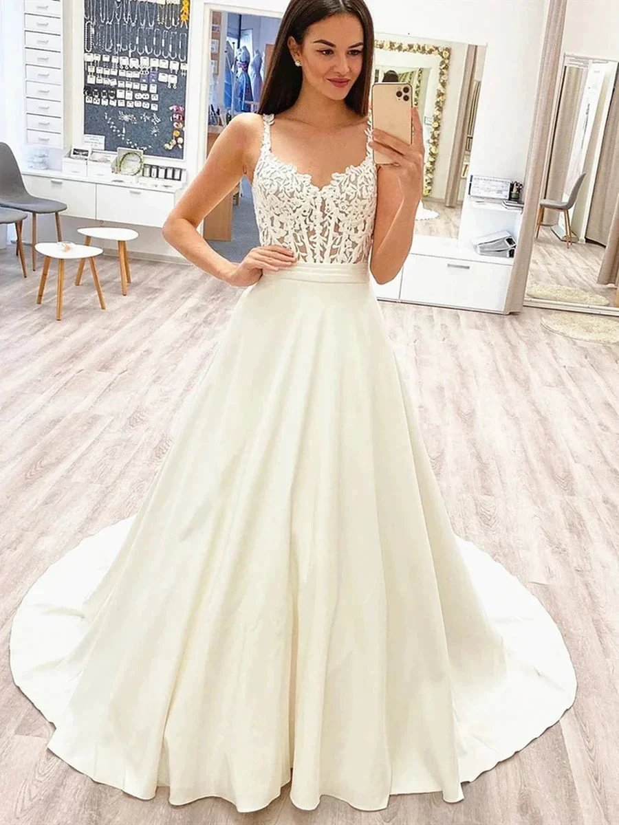Elegant Long A-line Lace Satin Sleeveless Wedding Dresses (ZD16739) - VelvetHem