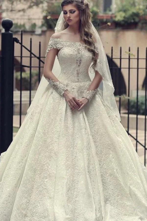 Elegant Long A-Line Off-the-Shoulder Backless Appliques Lace Wedding Dress with Sleeves (ZD15141) - VelvetHem