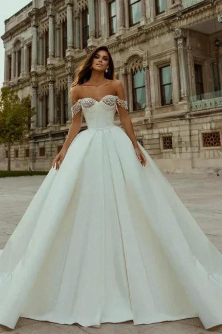 Elegant Long A-line Off-the-shoulder Sleeveless Wedding Dresses With Beads (ZD14966)