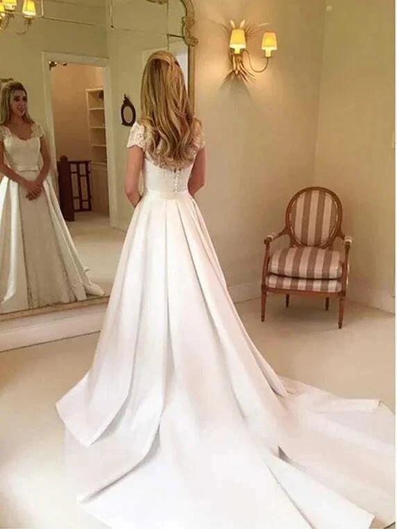Elegant Long A-line Satin Lace Wedding Dress with Sleeves (ZD14439)