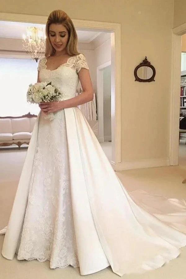 Elegant Long A-line Satin Lace Wedding Dress with Sleeves (ZD14439) - VelvetHem