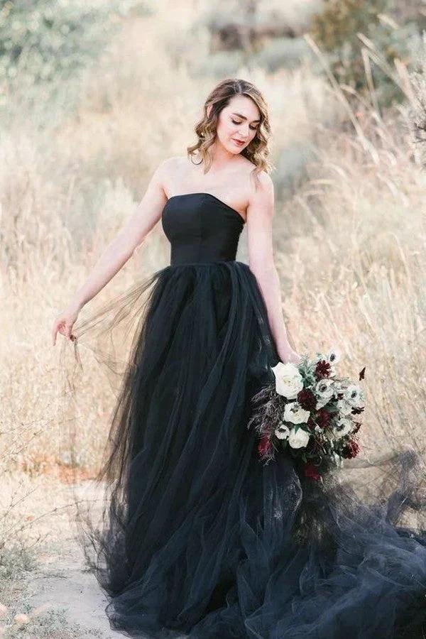 Elegant Long A-line Strapless Tulle Black Wedding Dress (ZD15125) - VelvetHem