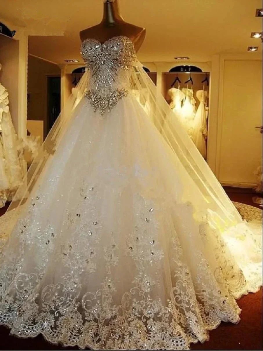 Elegant Long A Line Sweetheart Appliques Crystal Beading Wedding Dress (ZD15977) - VelvetHem
