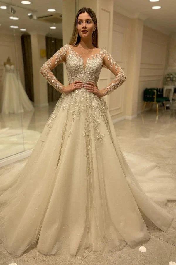 Elegant Long A-line Sweetheart Lace Appliques Wedding Dress with Sleeves (ZD14357)