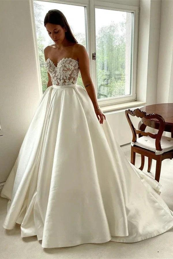 Elegant Long A-line Sweetheart Lace Satin Wedding Dresses (ZD16713)