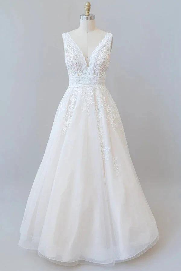 Elegant Long A-line V-neck Appliques Lace Tulle Backless Wedding Dress (ZD15782) - VelvetHem