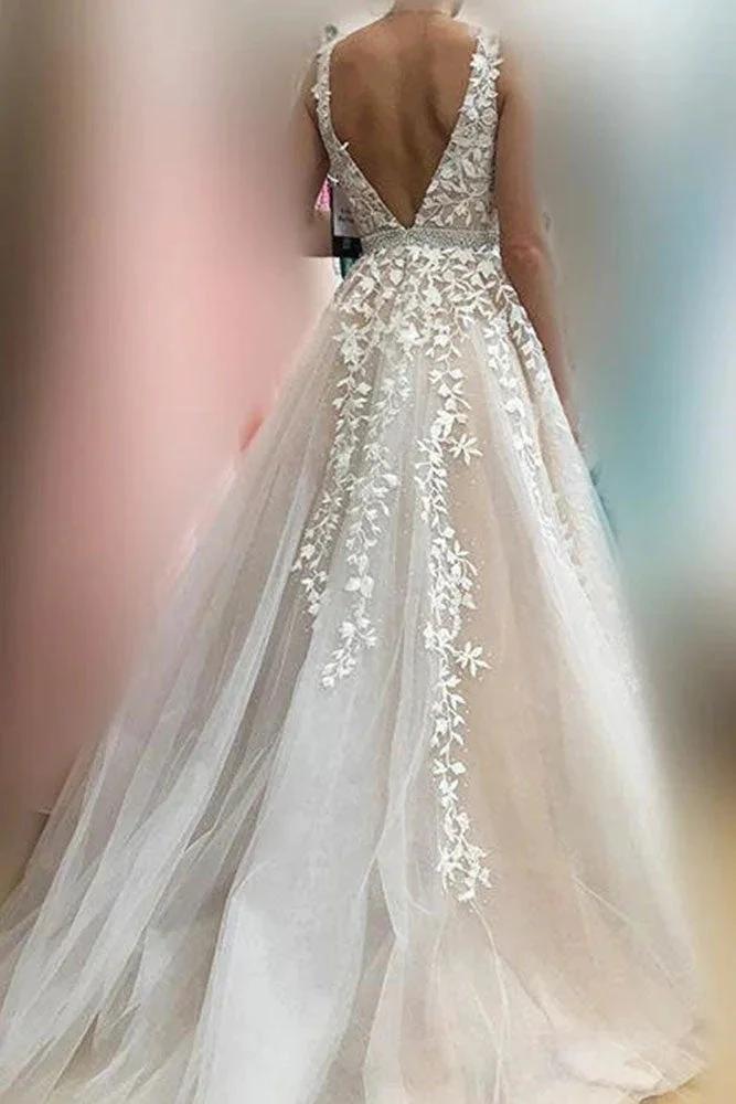 Elegant Long A line V neck Appliques Lace Tulle Wedding Dress (ZD14452)