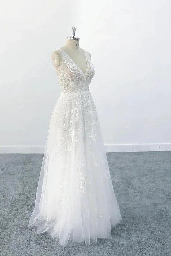 Elegant Long A-line V-neck Appliques Tulle Backless Wedding Dress (ZD14408)