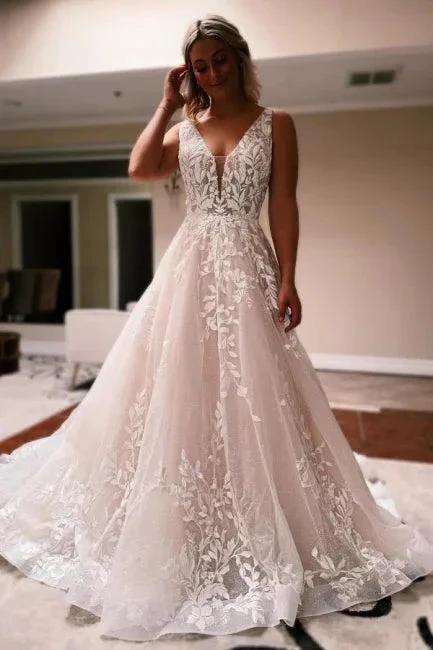 Elegant Long A-line V-neck Backless Lace Glitter Sleeveless Wedding Dresses (ZD15594)