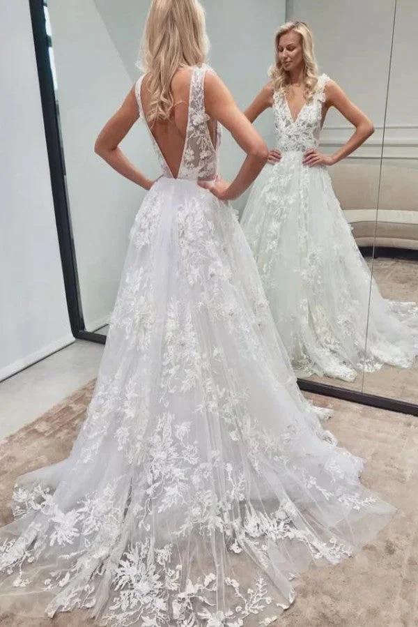 Elegant Long A-line V-neck Backless Tulle Lace Wedding Dress (ZD15147) - VelvetHem