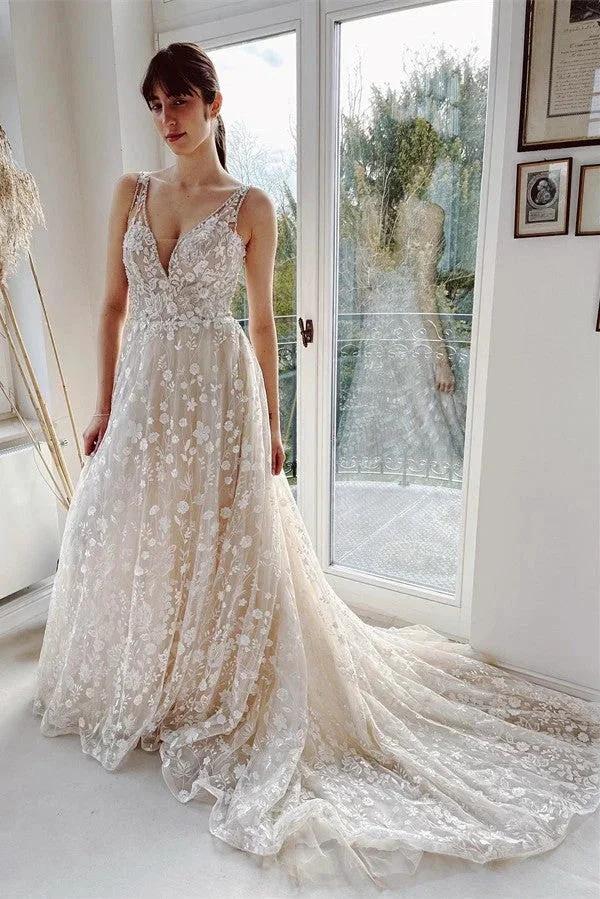 Elegant Long A-line V-neck Backless Tulle Lace Wedding Dresses (ZD16707)