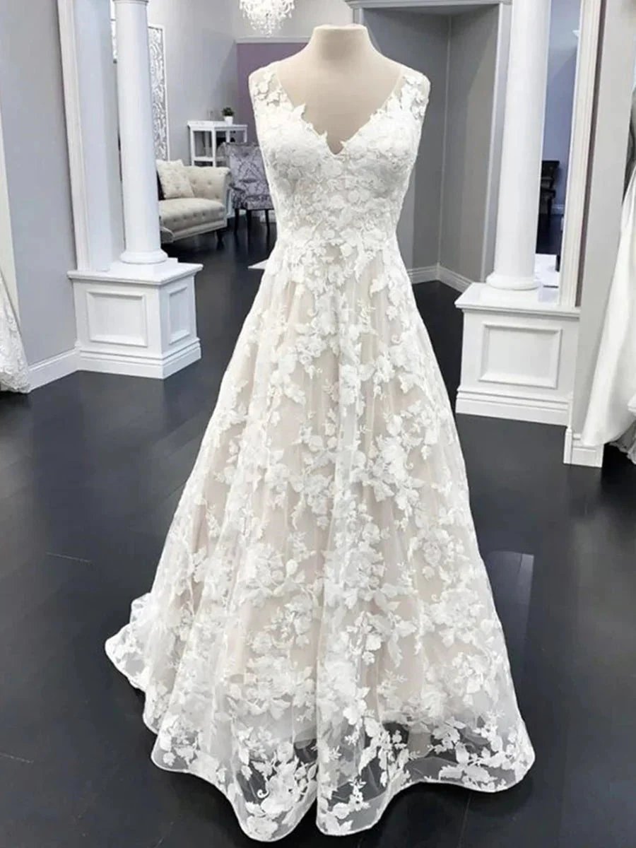 Elegant Long A Line V Neck Floral Lace Wedding Dresses (ZD16740) - VelvetHem