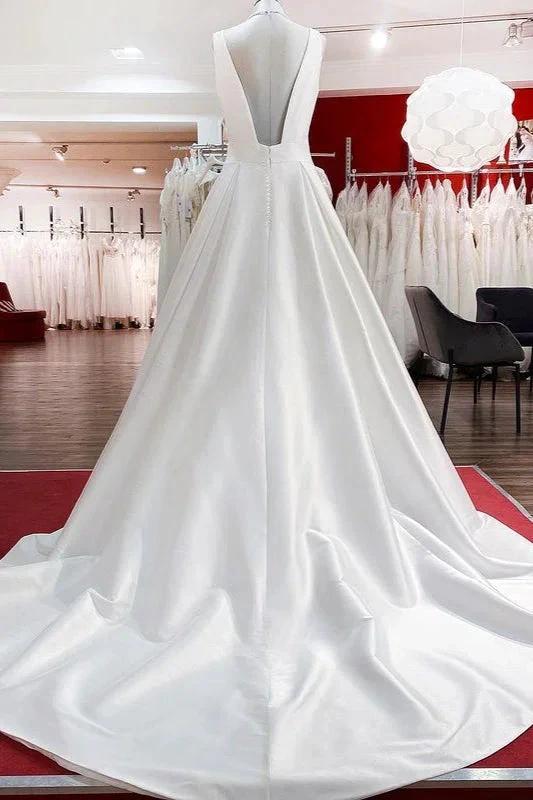 Elegant Long A-line V Neck Satin Ruffles Open Back Wedding Dresses (ZD15265)