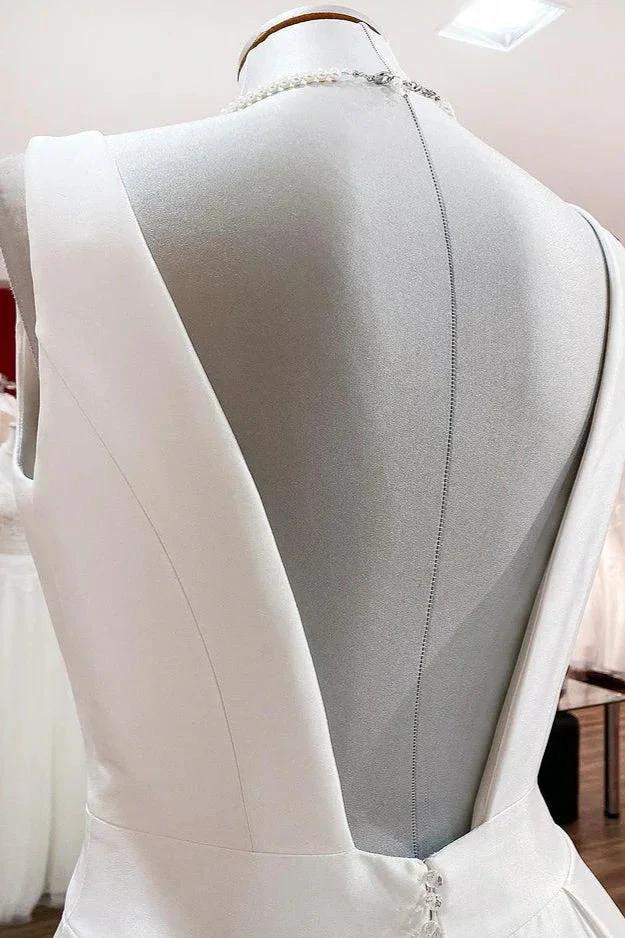 Elegant Long A-line V Neck Satin Ruffles Open Back Wedding Dresses (ZD15265)