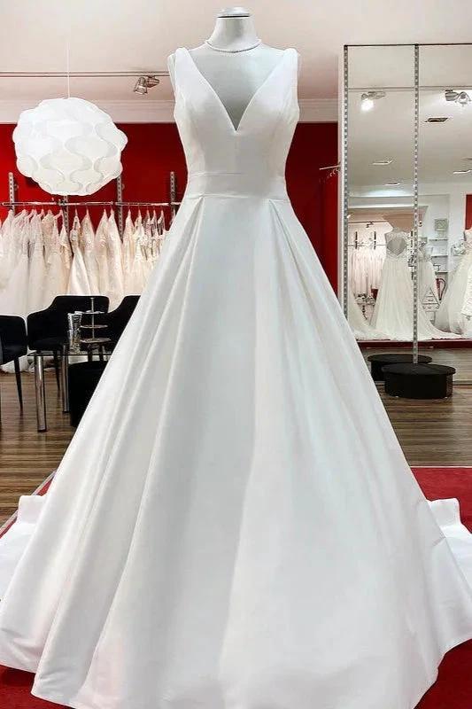 Elegant Long A-line V Neck Satin Ruffles Open Back Wedding Dresses (ZD15265) - VelvetHem