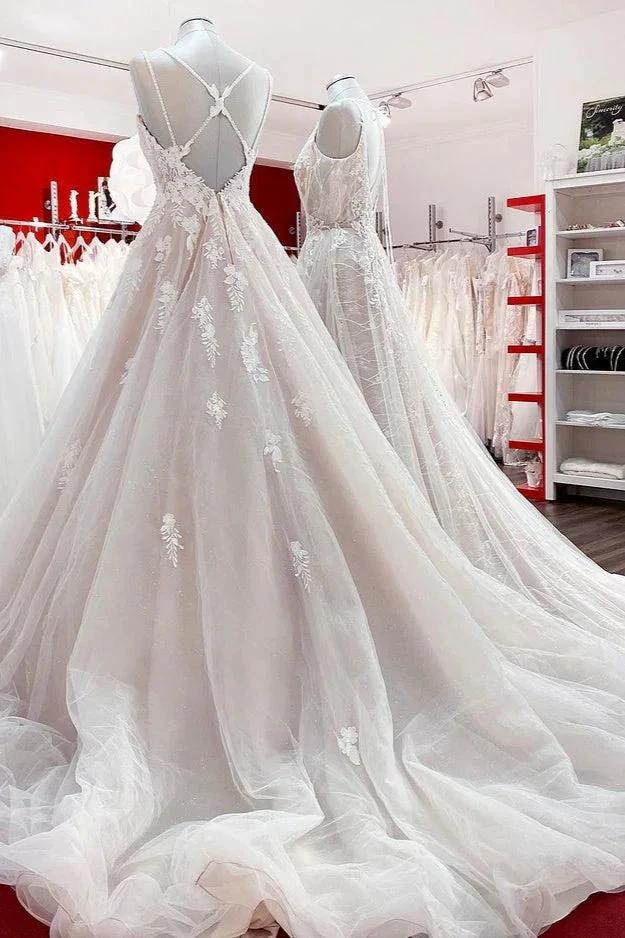 Elegant Long A-line V Neck Sleeveless Ruffles Backless Wedding Dress (ZD15260)