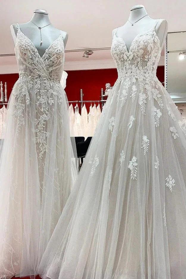 Elegant Long A-line V Neck Sleeveless Ruffles Backless Wedding Dress (ZD15260) - VelvetHem