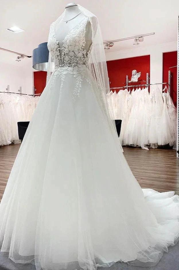 Elegant Long A-line V Neck Tulle Lace Open Back Wedding Dress (ZD15246)