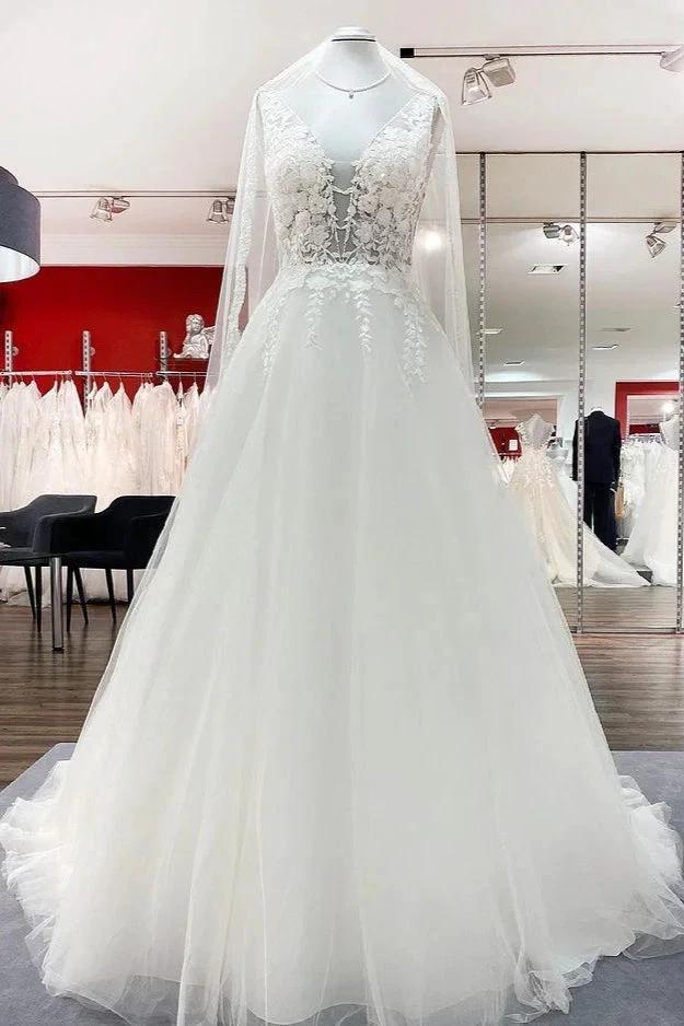 Elegant Long A-line V Neck Tulle Lace Open Back Wedding Dress (ZD15246) - VelvetHem