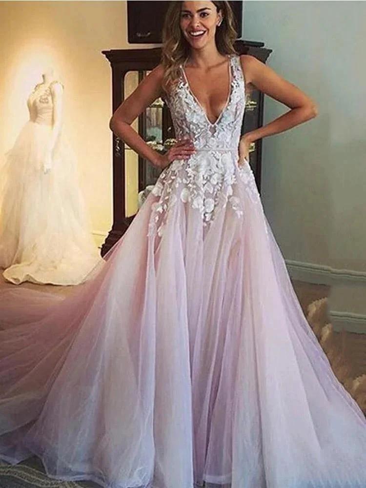 Elegant Long A-Line V Neck Tulle Lace Wedding Dresses (ZD15895) - VelvetHem