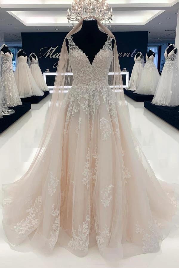 Elegant Long A-line V-neck Tulle Sleeveless Wedding Dresses with Lace (ZD15640) - VelvetHem