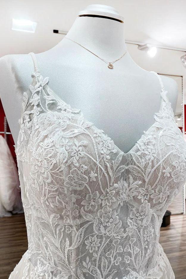 Elegant Long A-Line V Neck Tulle Spaghetti Straps Lace Wedding Dress (ZD14447)