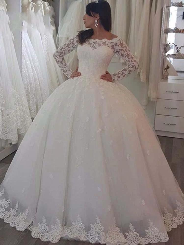 Elegant Long Ball Gown Bateau Lace Wedding Dresses with Sleeves (ZD15909) - VelvetHem