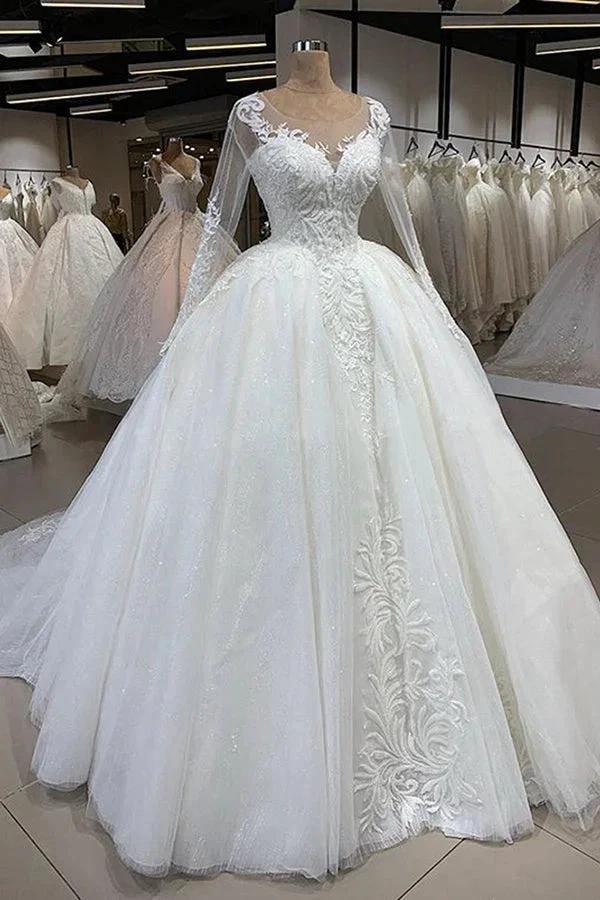 Elegant Long Ball Gown Sweetheart Tulle Wedding Dress with Sleeves (ZD15794)