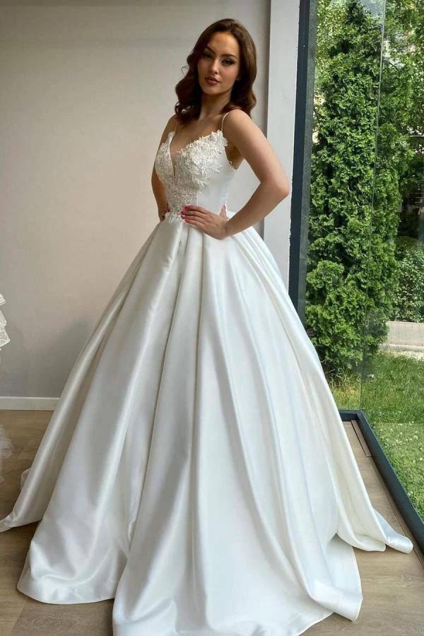 Elegant Long Ball Gowns Sweetheart Spaghetti Straps Satin Wedding Dress (ZD15164) - VelvetHem