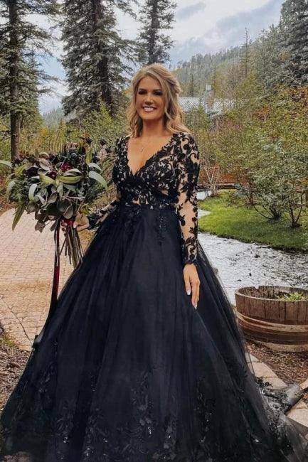 Elegant Long Black A-line V-neck Long Sleeves Wedding Dresses With Lace (ZD16531)