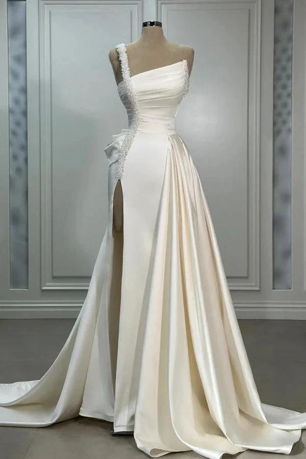 Elegant Long Ivory A-line One Shoulder Pearls Satin Sleeveless Wedding Dress with Slit (ZD15528) - VelvetHem