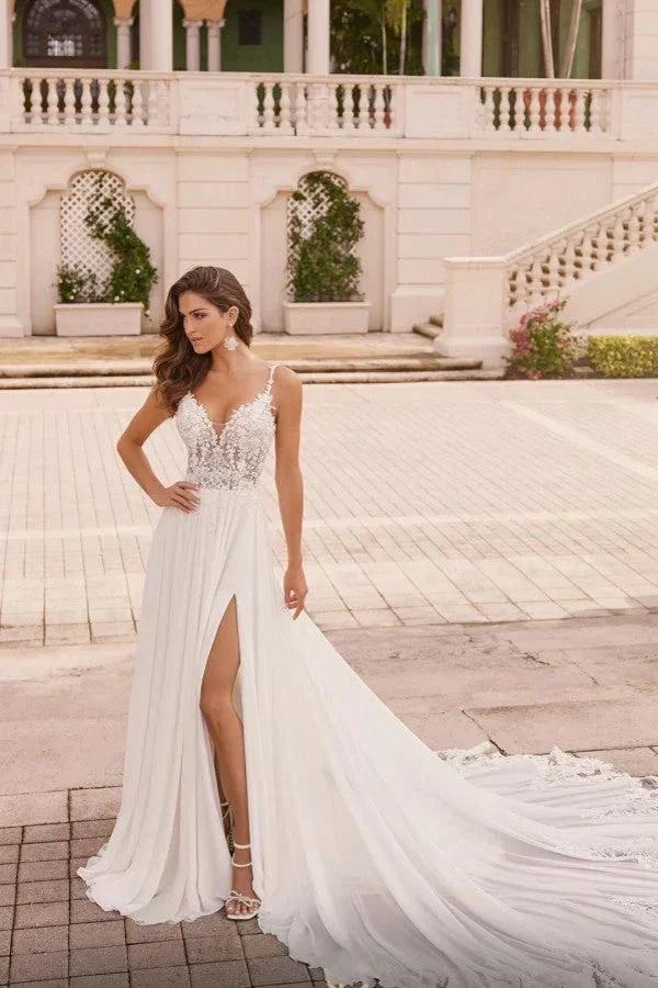 Elegant Long Ivory A-line Spaghetti Straps V-neck Lace Wedding Dress with Slit (ZD15519)