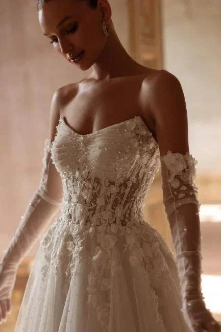 Elegant Long Ivory A-line Strapless Lace Sweetheart Wedding Dresses (ZD16662)